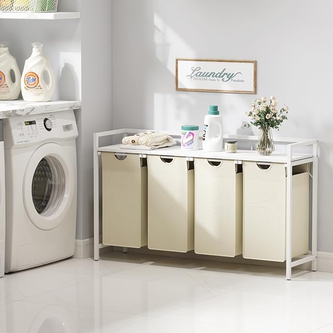 Lifewit Laundry Hamper 4 Section, 168L Pull out Laundry Clothes Basket Organizer with Large Top Shelf and 4 Removable Bags and Handles for Laundry Room Bedroom Bathroom, White with A Shelf