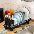 Compact Dish Drying Rack for Countertop, Small-Sized for Dorms, RVs & Tiny Kitchens, Auto-Drain, Adjustable Slots, Rust-Resistant with Utensil Caddy & Sponge Holder (Black)