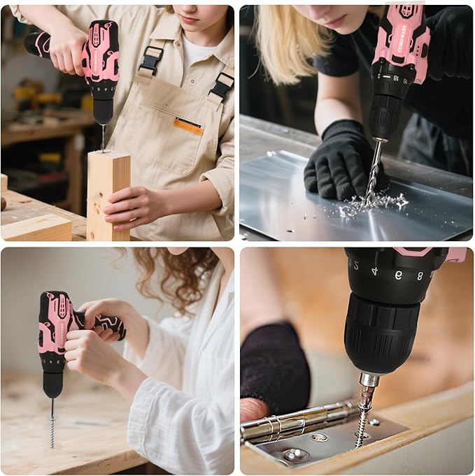 COMOWARE 12V Cordless Drill Set, Pink Hand Tool Set with Cordless Drill Driver, Complete Repair Tool Kit for Women, Storage Bag, Ideal for Office, Garden, Dorm and DIY Project
