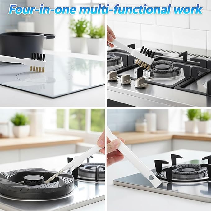2PCS Range Top Brush Cleaner, Deep Gas Stove Brass Wire Brushes, Multi-purpose Kitchen Cleaning Scrub Brush, 4-in-1 Scrub Brush with Nylon Bristles Cooktop Scraper