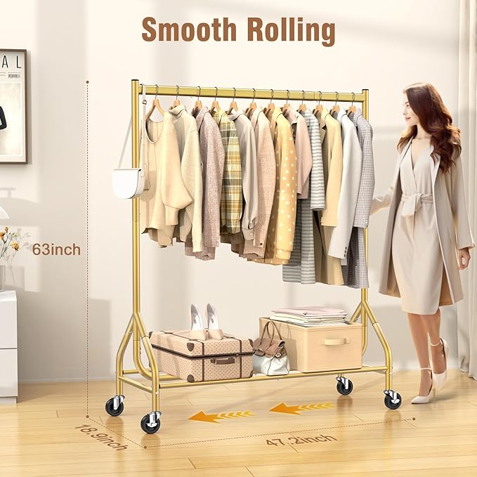 EAGMAK Heavy Duty Clothes Rack Load 420 LBS, Rolling Garment Rack with Lockable Wheels, Standing Metal Clothing Rack, Portable Wardrobe Sturdy Coat Rack for Hanging Clothes (Gold, 47.2″×18.9″×63″)