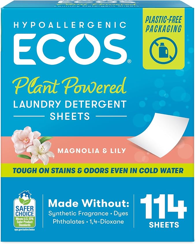 ECOS Laundry Detergent Sheets Vegan, No Plastic Jug, No Mess, Liquid Free - Hypoallergenic, Plant Powered Laundry Detergent Sheet - Magnolia & Lily - 114 Count (Pack of 1)