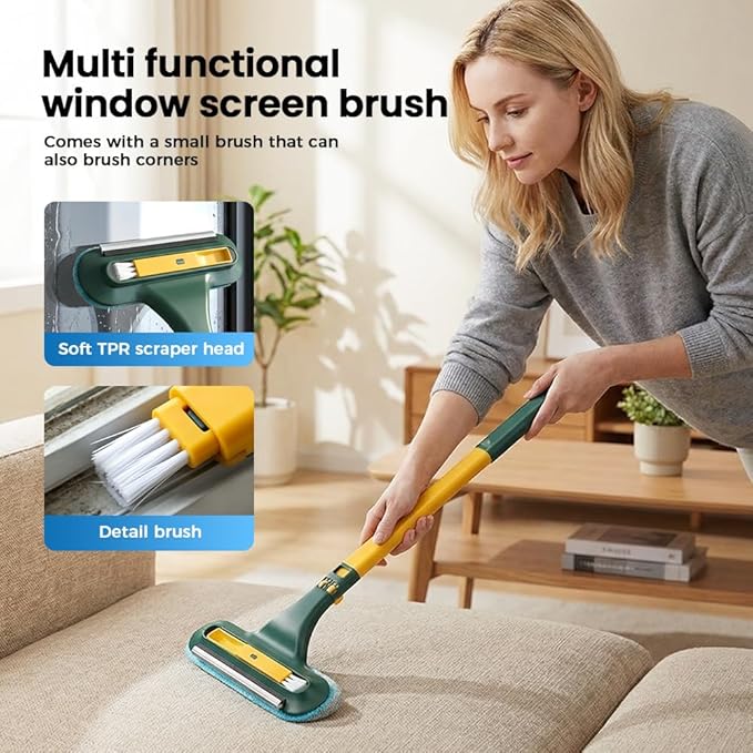 Window Screen Cleaning Brush,2 in 1 Window Screen Cleaner Tool with Squeegee,Mesh Screen Cleaner,Multi-Purpose Cleaning Brush for Patio, Door, Porch Screens (Yellow Green)