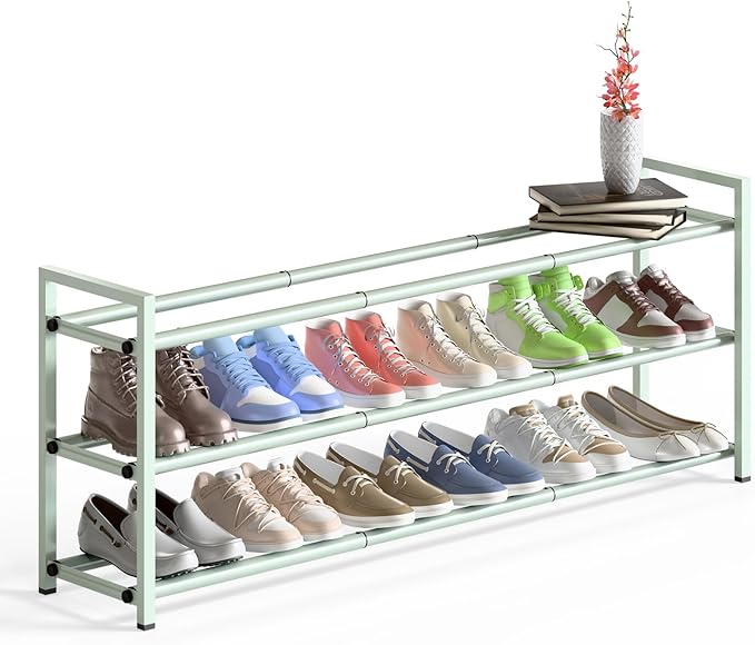 Bumusty 3-Tier Long Expandable Shoe Rack for Closet, 18"-44" Adjustable Shoe Rack for Entryway, 15-18 Pairs Large Shoe Organizer Shelf Storage, Sturdy Metal, Green