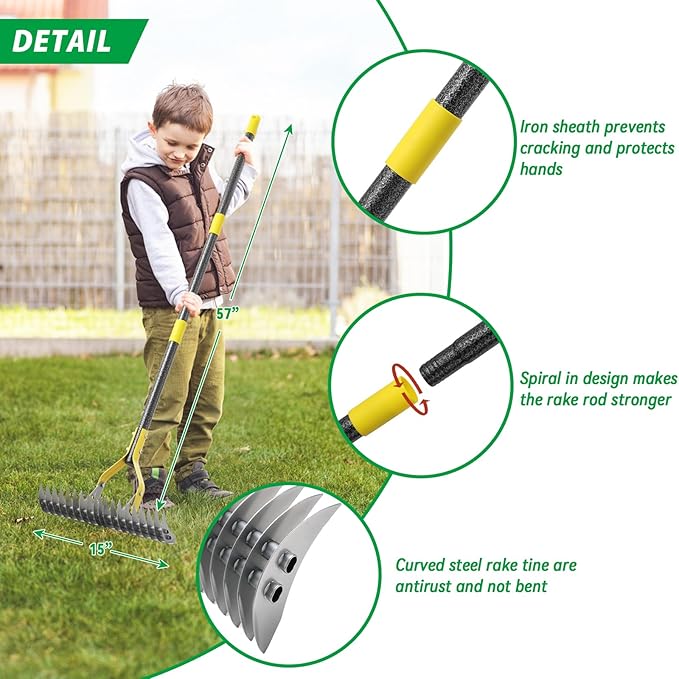 Thatch Rake,57 inch Thatching Rake for Lawn Stainless Steel Metal Dethatcher Rakes with Sheath,Heavy Duty Weed Rakes for Cleaning Dead Grass,Yard,Garden,Leaves,Loosening Soil