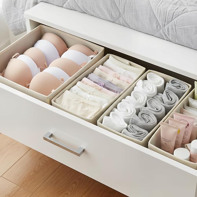 Drawer Organizer for Clothes & Underwear - 4-Pack Fabric Storage Bins with Zipper Bottom | Bra Drawer Organizer & Sock Organizer for Dresser - Foldable Baby Clothes Organizer Set, Grey