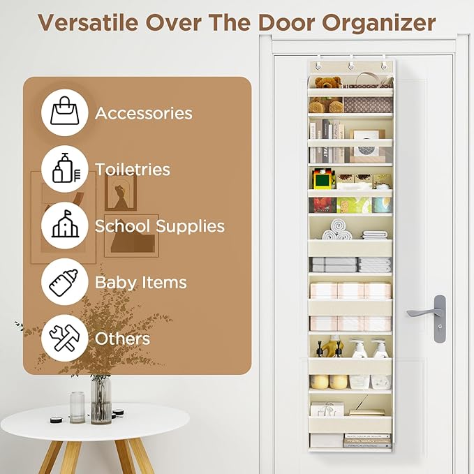 Mefirt Over The Door Organizer, 7 Tier Door Hanging Organizers with 7 Large Pockets 12 Side Pockets, Behind Door Storage Hanging Shelves for Closet Bathroom Bedroom Nursery