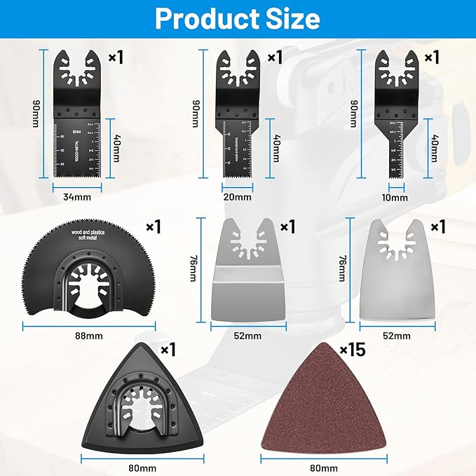 Oscillating Multi Tool Blade Kit 22PCS, Oscillating Tool Blades with Sandpaper, Multitool Blades Kits for Wood Metal Plastics