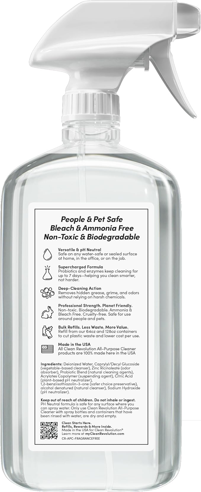 Clean Revolution SuperCharged All Purpose Cleaner Refill with Smart Probiotic + Enzyme Complex, Multi-Surface Kitchen Bathroom & Floor Cleaner, Fragrance Free, 18 Fl Oz (Pack of 1)