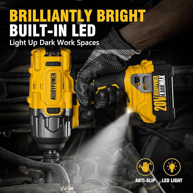 ALLOYPOWER Cordless Brushless Impact Wrench, 1475 ft-lbs (2000N.m), 1/2 High Torque power impact gun, 3-Mode Speed, 2*4000mAh Battery, 3 Sockets, Electric Impact Wrench Set for Car Tire Truck RV Mower