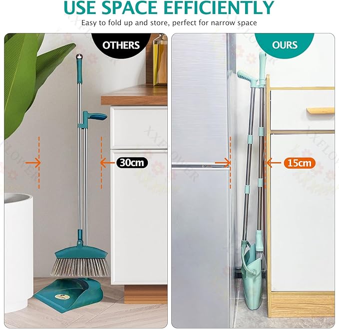 XXXFLOWER Broom and Dustpan Set with Cleaning Teeth, 55" Long Handle Indoor Sweeping Combo for Home Office Kitchen, Bluish Green