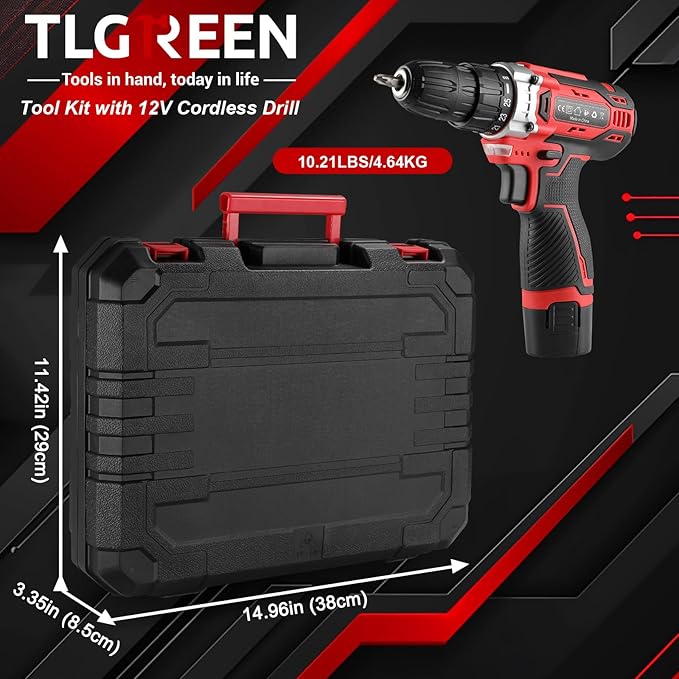 TLGREEN Complete Home Tool Kit with 12V Cordless Drill & Magnetic Bits | 138Pcs All-in-One Set for DIY, Repairs & Assembly | Durable Case & Fast Charging | Ideal for New Homeowners | Red
