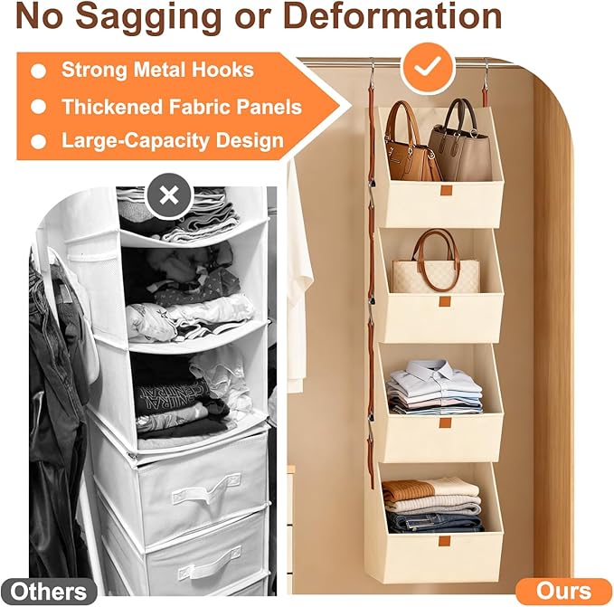 MSJGA 4-Tier Hanging Closet Organizer and Storage with Detachable Bins, Fabric Hanging Shelves for Closet, Dorm, Rv, Space-Saving Collapsible Basket for Handbags, Clothes (47” H)