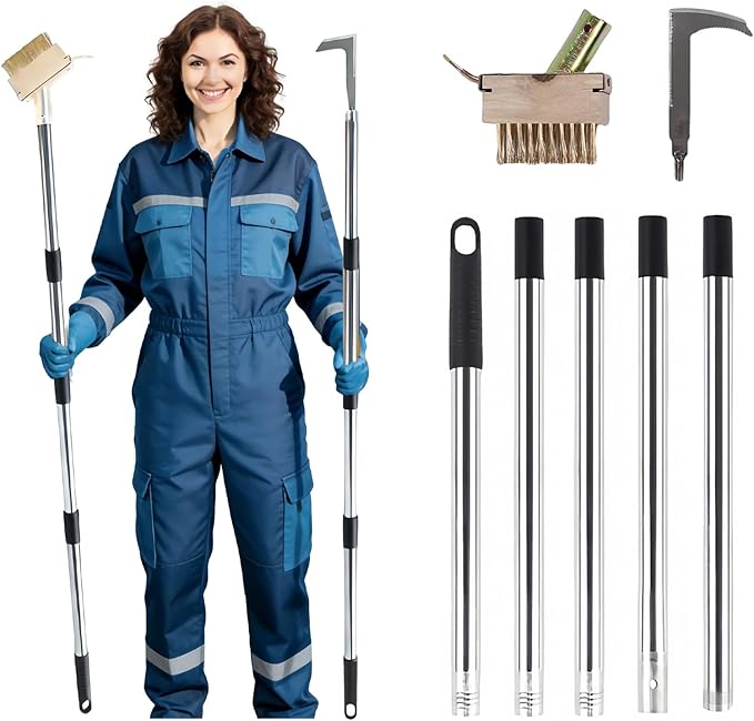 Qivine Weed Remover Tool, 5.25ft Adjustable Ergonomic Handle Weed Brush, 2-in-1 Brass Bristles & Steel Weeding Sickle for Sidewalk Cracks, Driveways, Patios, Gardens (Weed Remover Tool)