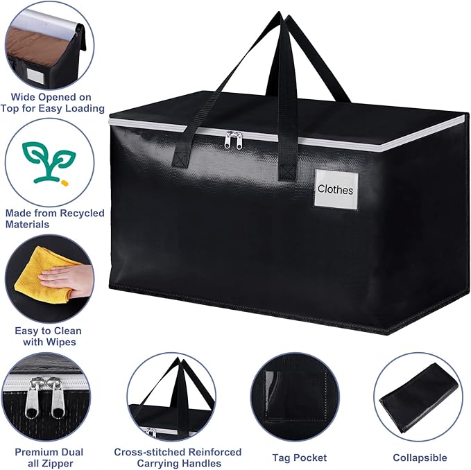 StorageRight Heavy Duty Moving Boxes-Moving Bags with Zipper, Reinforced Handles and Tag Pocket-Collapsible Moving Supplies-Totes for Storage Great for moving, Storage and Travel 93L(Black-6 Pack)