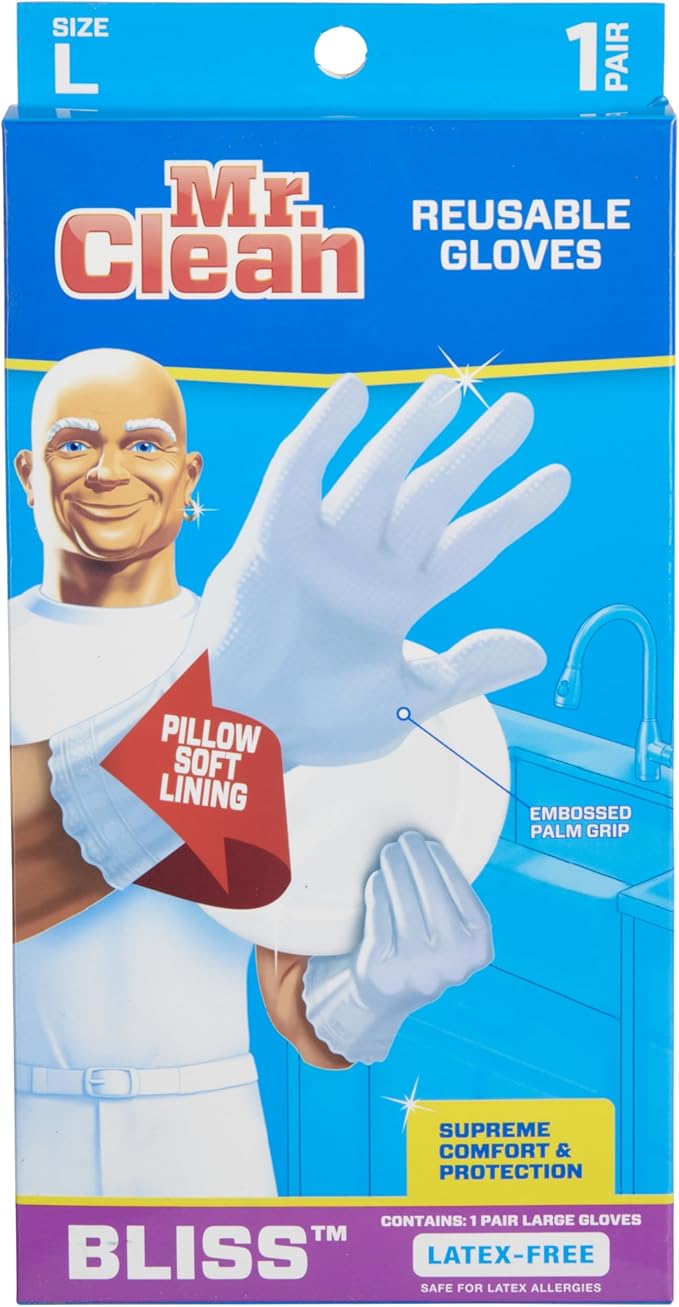 Mr. Clean Bliss Premium Reusable Latex-Free Vinyl Cleaning Gloves with Non-Slip Grip, Large
