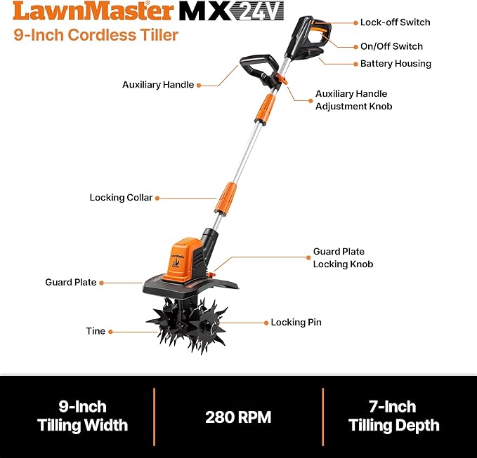 LawnMaster 24V MAX 9” Cordless Tiller – CLTE2409