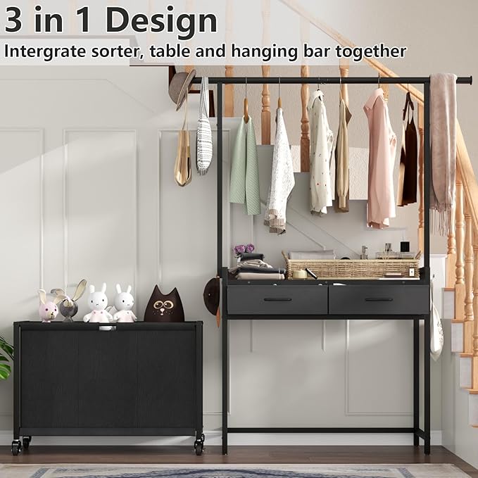 STIKELY Laundry Sorter Hamper with Hanging Cloth Rack, Laundry Basket with 3 Section Pull-Out Rolling Bags, Laundry Sorter for Organization and Storage with 2 Drawers for Laundry Room (Vinatge Brown)