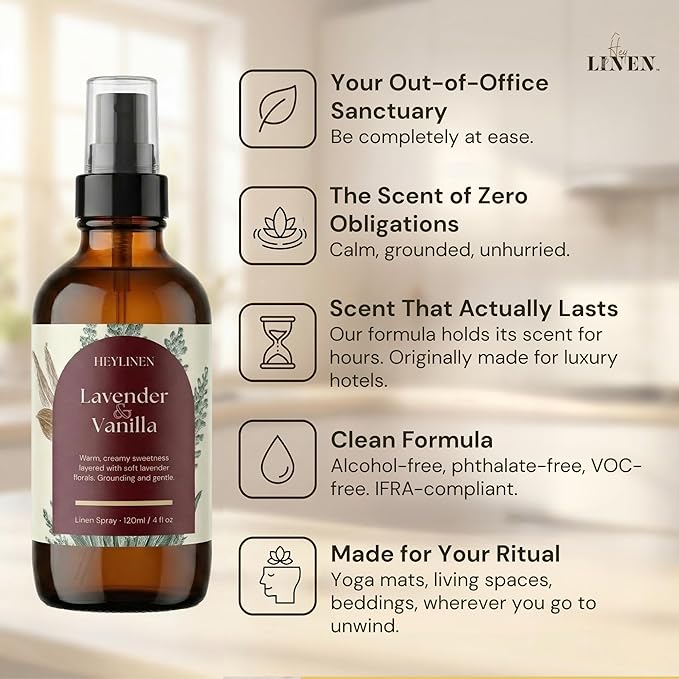Lavender & Vanilla Linen Spray | Relaxing Aromatherapy Made with Pure Essential Oils | Fabric Freshener for Yoga Mats Living Room Couch Beddings | 4 fl oz