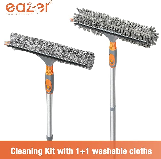 Eazer Window Squeegee Cleaner Tool, 2-in-1 Window Cleaning Kit with 62'' Extension Pole, Window Washer Equipment for Cars, Indoor & Outdoor Glass - Includes 2 Microfiber Cloths