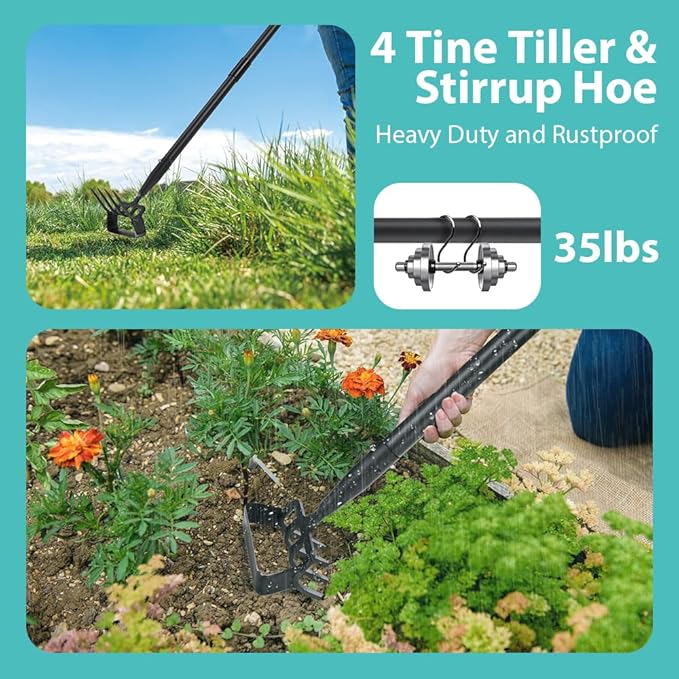 Garden Hoe, Stirrup Hoe with Adjustable Handle for Weeding Digger loosening Soil Metal Garden Cultivator with Rake Tiller Cultivator (30-73 Inch)