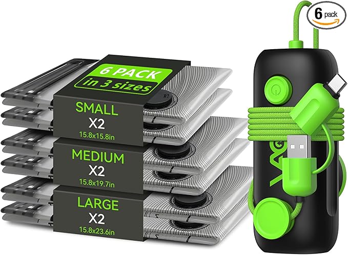 Vacuum Bags for Travel - USB Electric Pump, 6 Pack Carry-on Size Vacuum Seal Bags for Clothing - Space Saver Vacuum Storage Bags for Luggage, Travel Essentials.