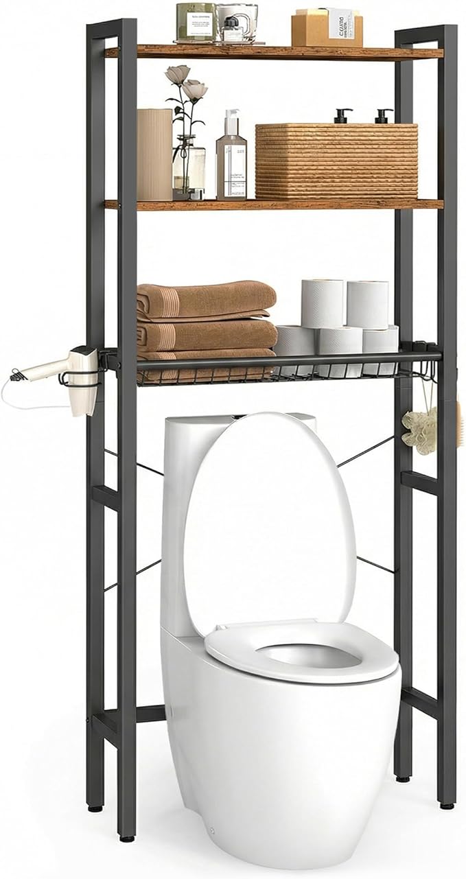 VASAGLE Over the Toilet Storage, Over Toilet Bathroom Organizer with Adjustable Shelves and Basket, 3 Hooks, Space Saving, 9.4 x 23.6 x 63 Inches, Rustic Brown UBTS113KD01S