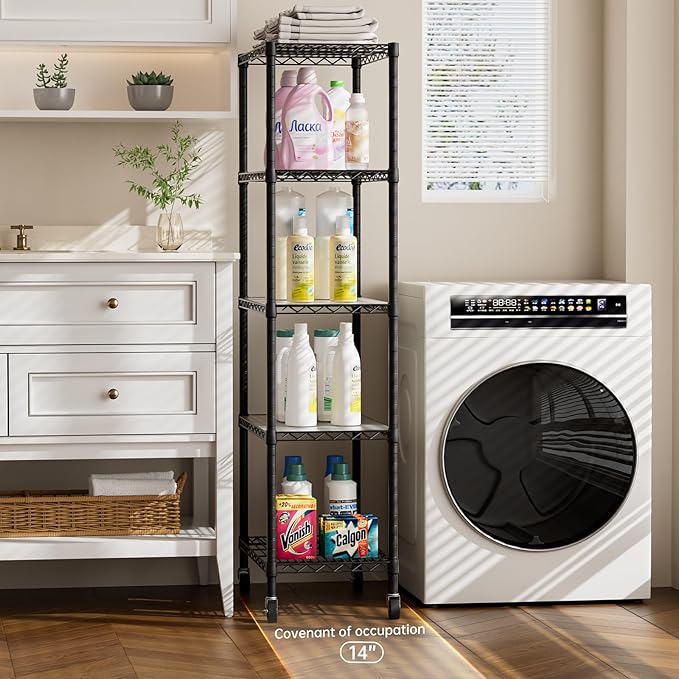 Golpart 5 Tier Shelves Storage Shelf Wire Closet Bathroom Organizers Metal Pantry Kitchen Garage Shelving Unit Laundry Room Organization Home Rack Net Basket Black with Wheels 14”D X 24”W X 61”H