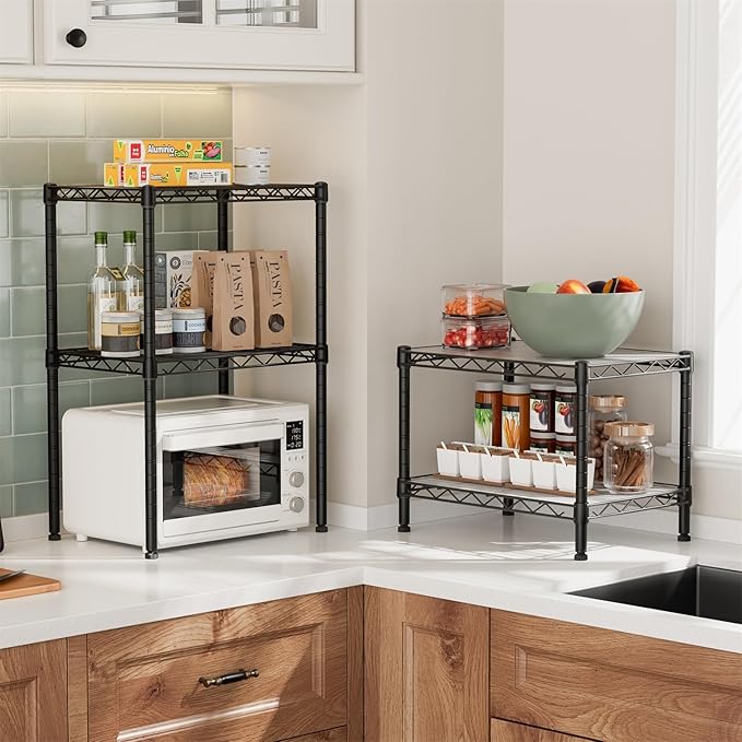 Golpart Small 2 Tier Shelves Storage Wire Shelving Unit Metal Shelf Adjustable Organizers Storage Shelving with Wheels for Bathroom Laundry Room Kitchen Pantry12”D x 18”W x 12.2”H Black