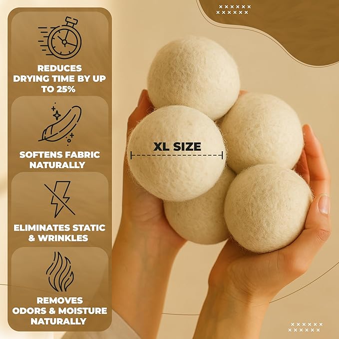 XL Dryer Balls from 100% New Zealand Wool (6-Pack), Natural & Reusable Fabric Softener Balls for 1000+ Loads, Essential Oil Ready Laundry Accesories, Reduces Wrinkles & Cuts Drying Time
