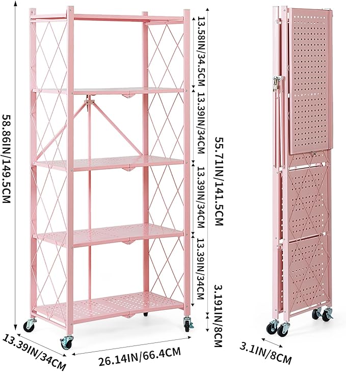 BRIAN & DANY 5-Tier Foldable Storage Shelves with Wheels, Folding Metal Rack Shelving Unit, Heavy Duty No Assembly Organizer Shelf for Garage, Kitchen, Basement, Pantry, Pink
