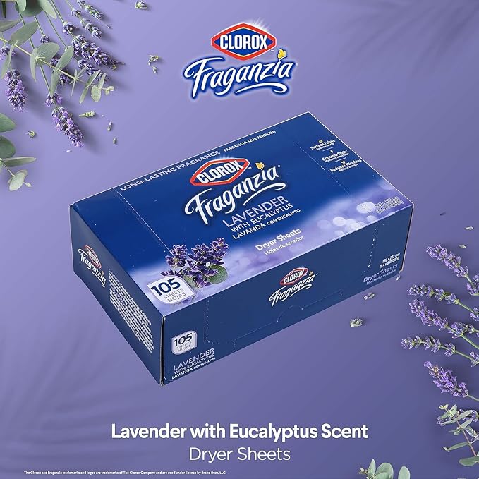 Clorox Fraganzia Fabric Softener Dryer Sheets, Wrinkle Reducing and Anti Static Laundry Dryer Sheets for Great Smelling Clothes, Softens Fabrics, Lavender with Eucalyptus Scent, 105 Count - 2 Pack