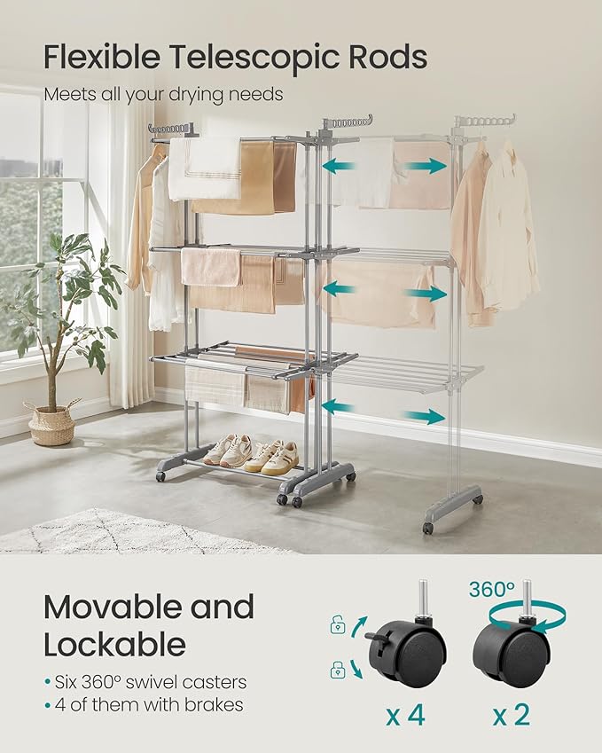 SONGMICS Clothes Drying Rack 4-Tier, Foldable Laundry Drying Rack 69.9-Inch Tall, Extendable Rods, Stainless Steel, Rolling Clothes Horses, Clothes Airer, Indoor Outdoor Use, Dove Gray ULLR704G01