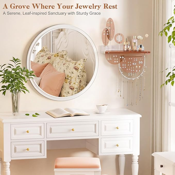 Keebofly Leaf-Shaped Wall Mounted Jewelry Organizer - Acrylic Earring Organizer with Shelf for 444 Earrings, Sturdy Jewelry Tower for Earring, Necklace, Bracelet, Gifts for Women & Girls