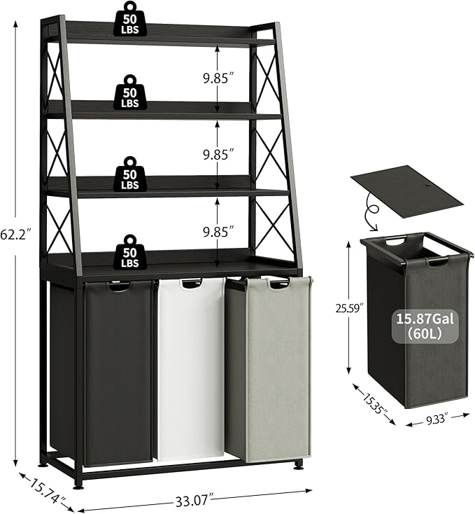 Herture Laundry Basket, 3 Section Laundry Hamper with 4 Tiers Shelf, Pull-Out and Removable Laundry Bags, Large 3 x 15.87 Gallons, for Laundry Room Bathroom Black PF05XLK