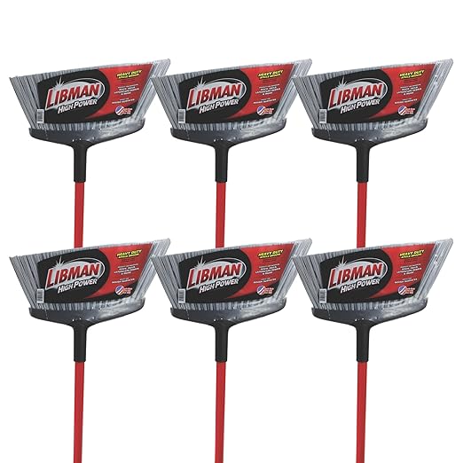 Libman Commercial 1102 Rough Surface Angle Broom, 15" Wide, Steel Red Handle and Gray Bristles (Pack of 6)