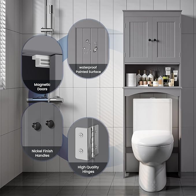 Bealife Over The Toilet Storage Cabinet with Open Shelf, Organizer with Adjustable Shelf and Double Doors,Over The Toilet Storage Shelf Free Standing (Grey)