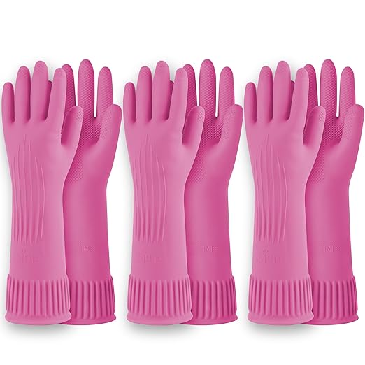 Reusable Waterproof Household Dishwashing Cleaning Rubber Gloves, Non-Slip Kitchen Glove (Pink, Medium (Pack of 3))
