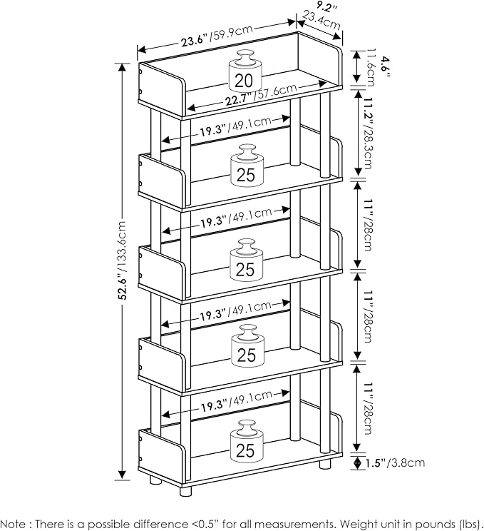 Furinno TURN-N-TUBE 4-Tier Display Shelf, Storage Shelves, Book Shelf, Open Shelves with Rounded Corner Top Edges, for Organization and Storage, Living Room, Home Office, Flagstaff Oak