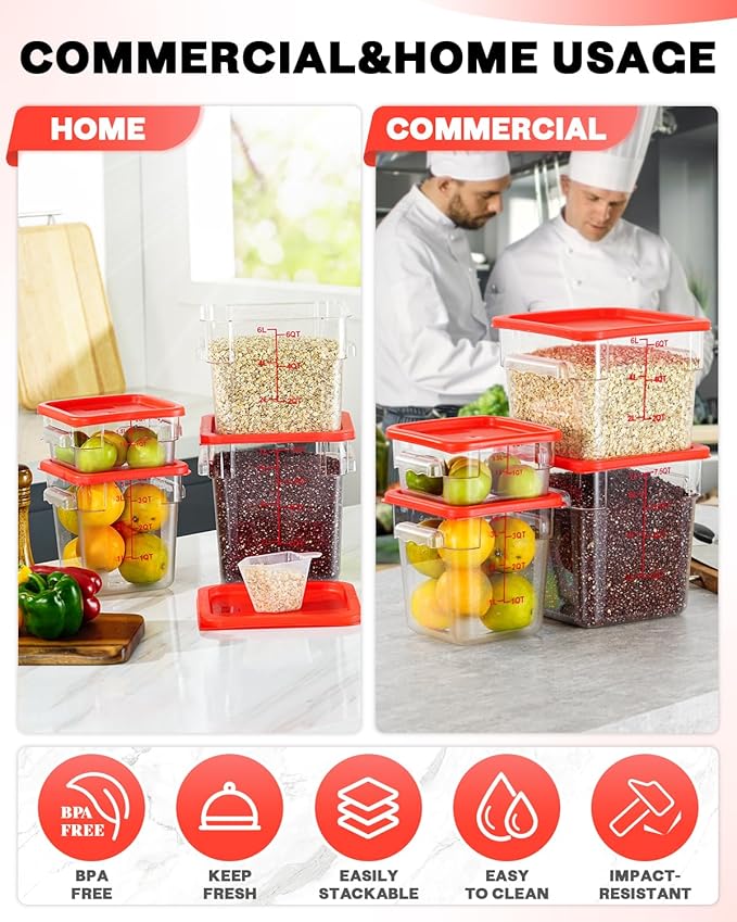 2QT4QT NSF Food Storage Containers: 6PCS [Food Grade][Hot&Cold Resistant] Commercial Clear Food Storage Containers with Lids for Restaurant Kitchen Proof Dough, Measuring Spoons Included(Red N)