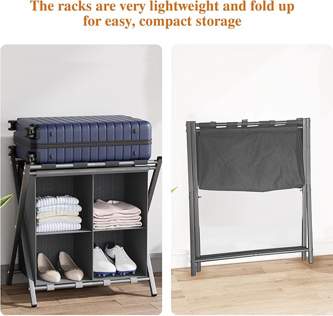 aboxoo Luggage Rack with storage, Guest Room Folding Suitcase Stands, Holds up to 120 lb, Space Saving Suitcase Holders for guest room, Bedroom Hotel, Grey