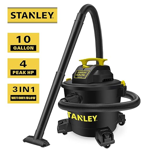 STANLEY Wet/Dry Vacuum SL18191P, 10 Gallon 4 Horsepower 16 FT Clean Range Shop, Ideal for Home/Garage/Laundry Rooms with Attachments, Strong Suction Large Capacity Multiple Accessories