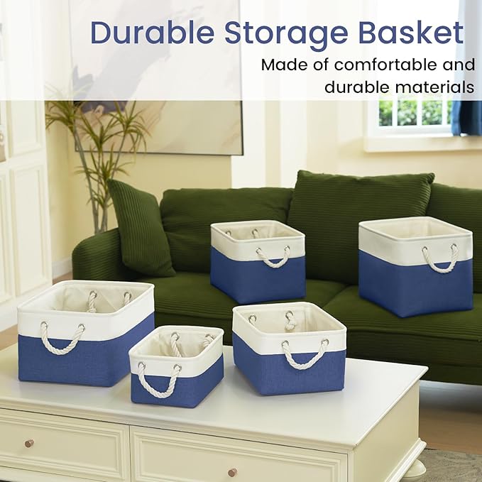 Storage Baskets for Shelves 11.8x7.9x5.2 Inch-Foldable Fabric Organizing Storage Bins with Handles, Closet & Bathroom Organizer, Home Storage for Kitchen, Office (1-Pack, White&Blue)