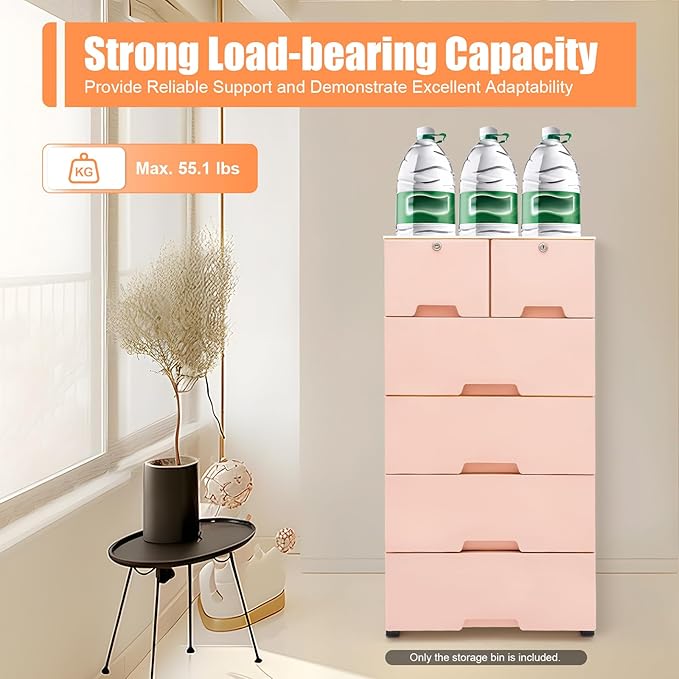 6 Drawer Storage Drawer,Closet Drawers Dresser Organizer, Dresser Plastic Storage Cabinet with 4 Wheels Pink Dressers for Bedroom