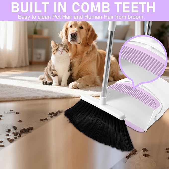Broom with Dustpan Combo Set for Home 54-in Long Adjustable Handle Angle Broom and Dustpan Set with Dustpan Comb Teeth for Sweeping Pet Hair Food Dirt Kitchen
