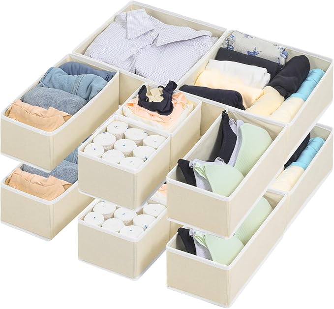 12 Pack Linen Drawer Organizer Set – Collapsible Fabric Storage Bins for Baby Clothes, Diapers, Socks, Bras & More (Beige, 3 Sizes)