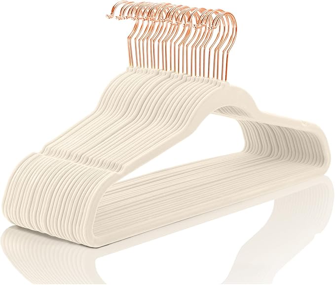 MIZGI Premium Velvet Hangers (60 Pack) Heavy Duty - Non Slip Felt Hangers - Velvet Suit Hanger Ivory - Rose Gold Hooks,Space Saving Clothes Hanger