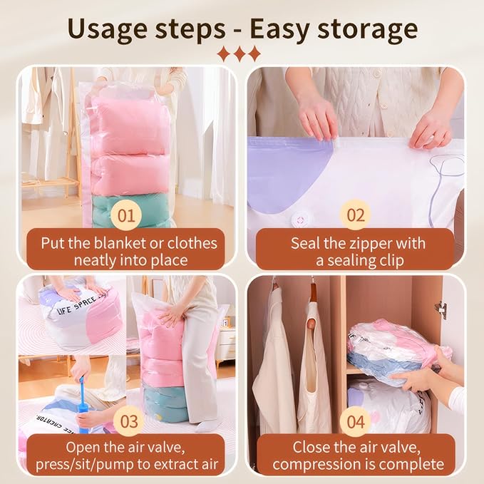 4 Pack Vacuum Storage Bags, Space Saver Bag Vacuum Seal Bags for Clothing Travel Moving Blankets Pillows Storage and Organization, Hand Pump Included(70 X 50 cm)