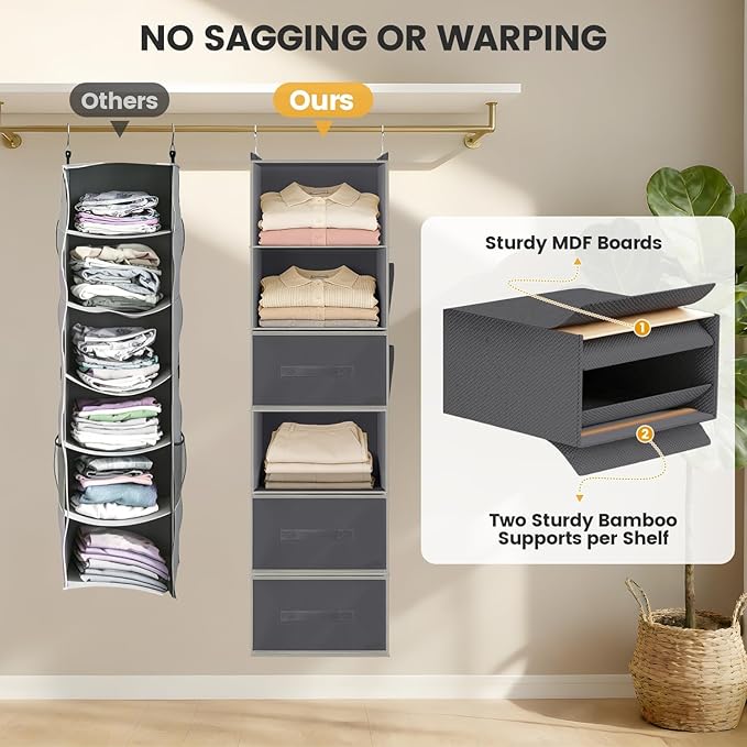 Hanging Closet Organizer 6-Shelf with 3 Drawers & Side Pockets, Closet Organizers and Storage for Dorm, Nursery & Wardrobe Organization, Hanging Shelf Clothes Organizer for Sweaters, Shoes, Gray