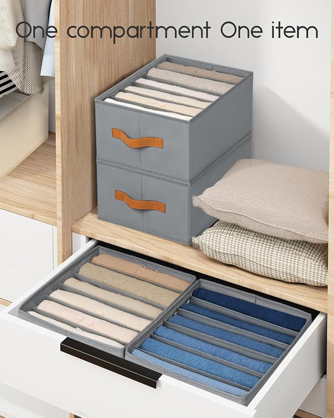 Homsorout Closet Organizers and Storage - Fabric Clothes Organizer with Handles, Foldable Jeans Organizer for Clothes, Drawer Organizer for Shirts, Bra, Sweater, Scarf, 4 Pack, Grey